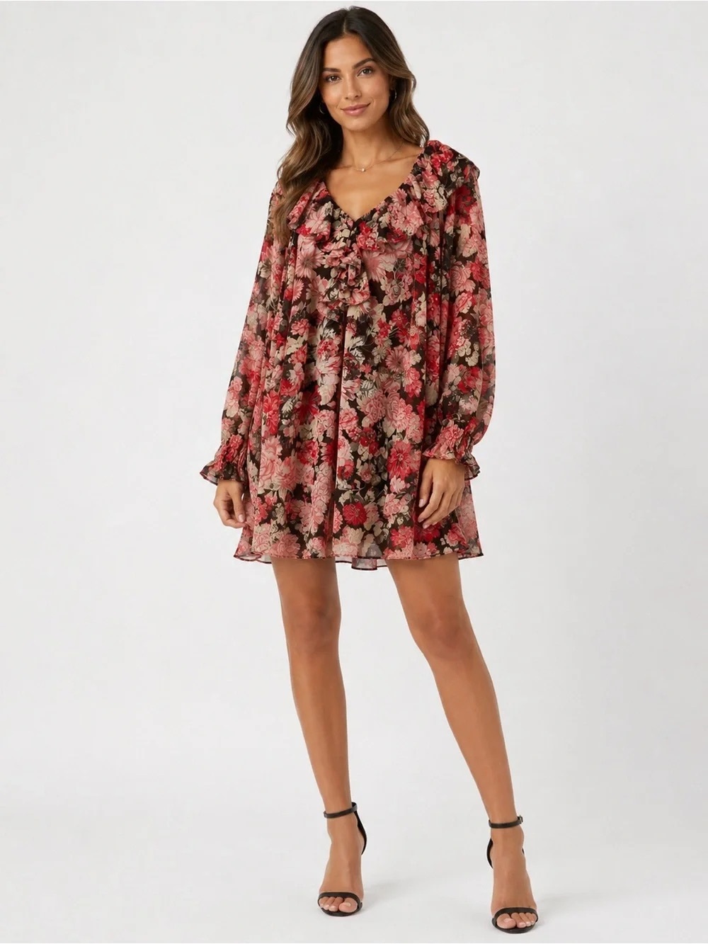 HOUSE OF HARLOW FLORAL RUFFLE LONG SLEEVE MINI DRESS